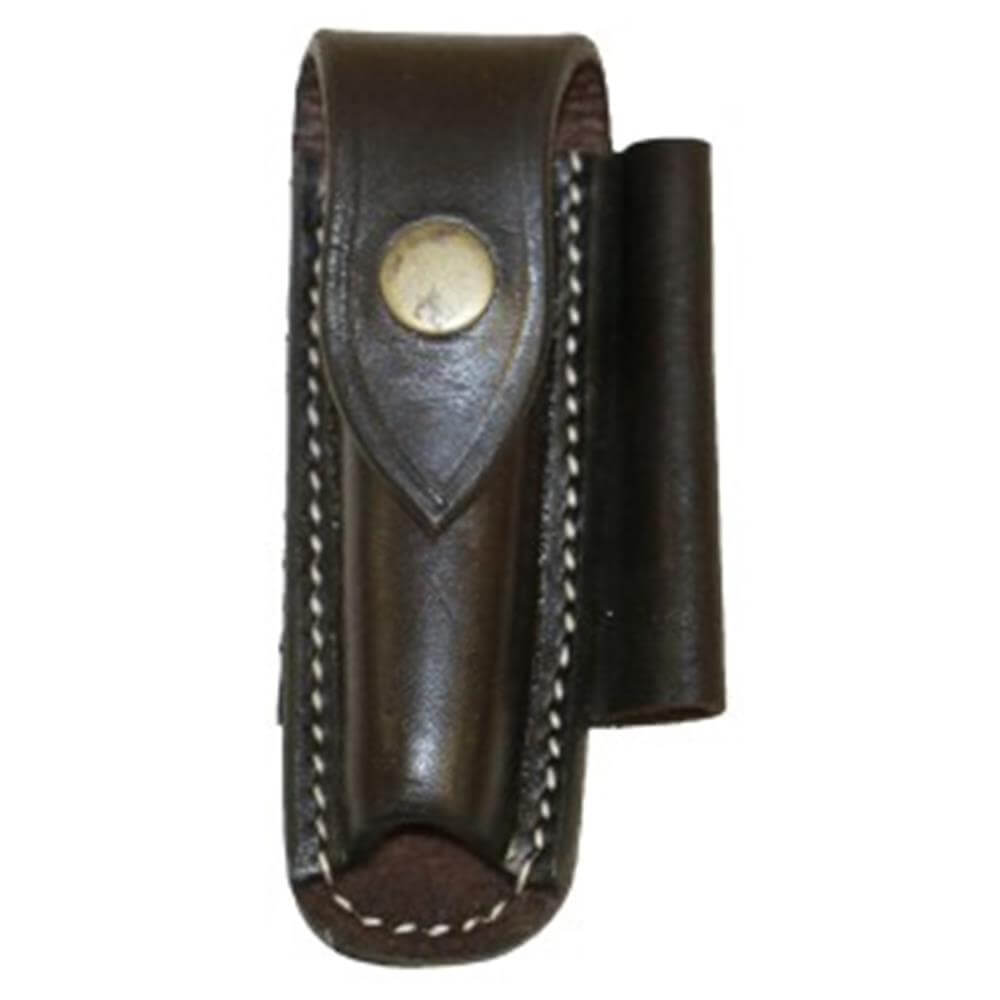 StockMaster Side Lay Knife Pouches. A brown leather knife pouch with a metal snap closure.