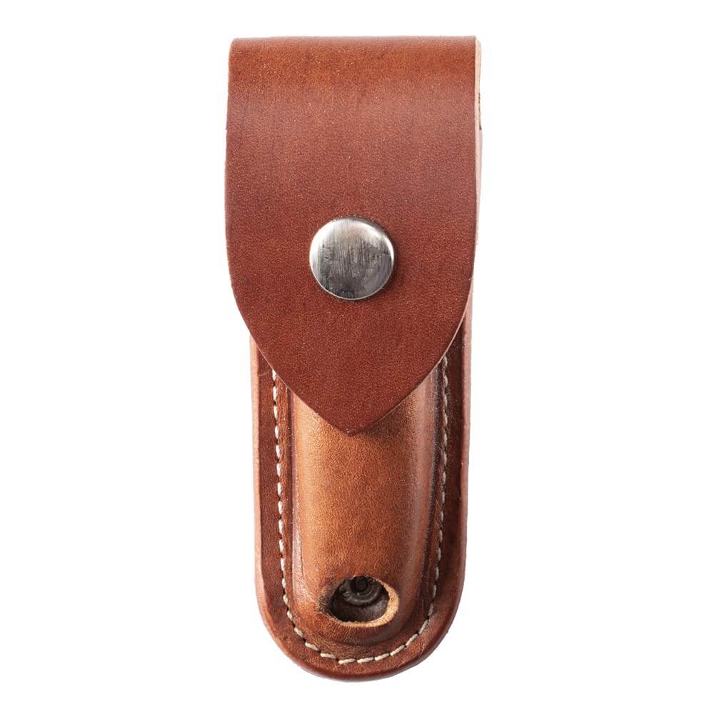 StockMaster Knife Pouch w Wide Belt Loop. A brown leather knife pouch with a metal snap closure and a belt loop.
