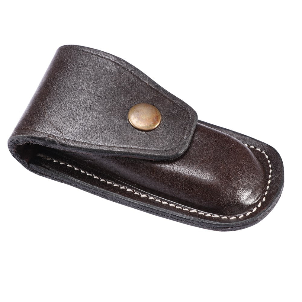 StockMaster Vertical Lay Knife Pouch - Holds a 4" Knife. Brown leather knife sheath with a metal buckle on a white background