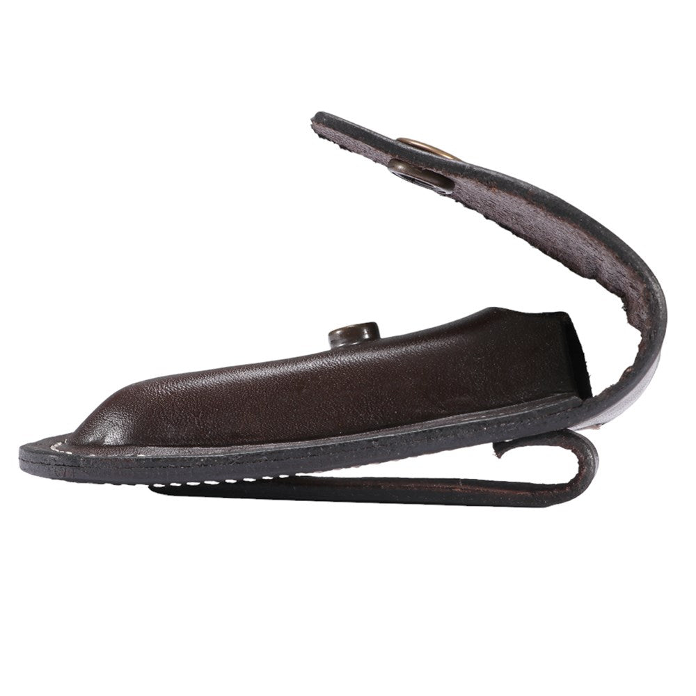 StockMaster Vertical Lay Knife Pouch - Holds a 4" Knife. Brown leather sandal on a white background