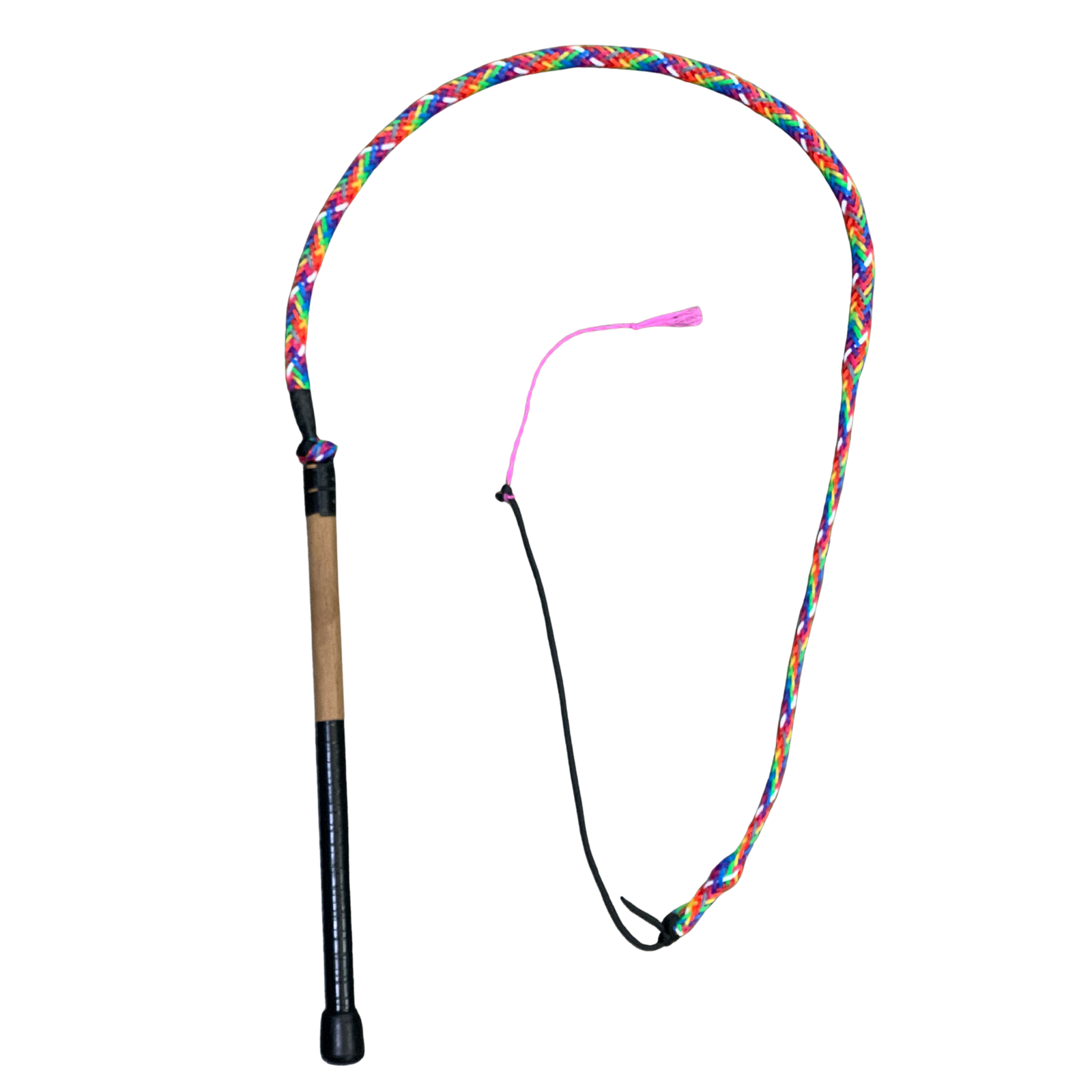 Krackin Whips 4'6 Whip. Colorful braided lanyard with a wooden handle on a white background