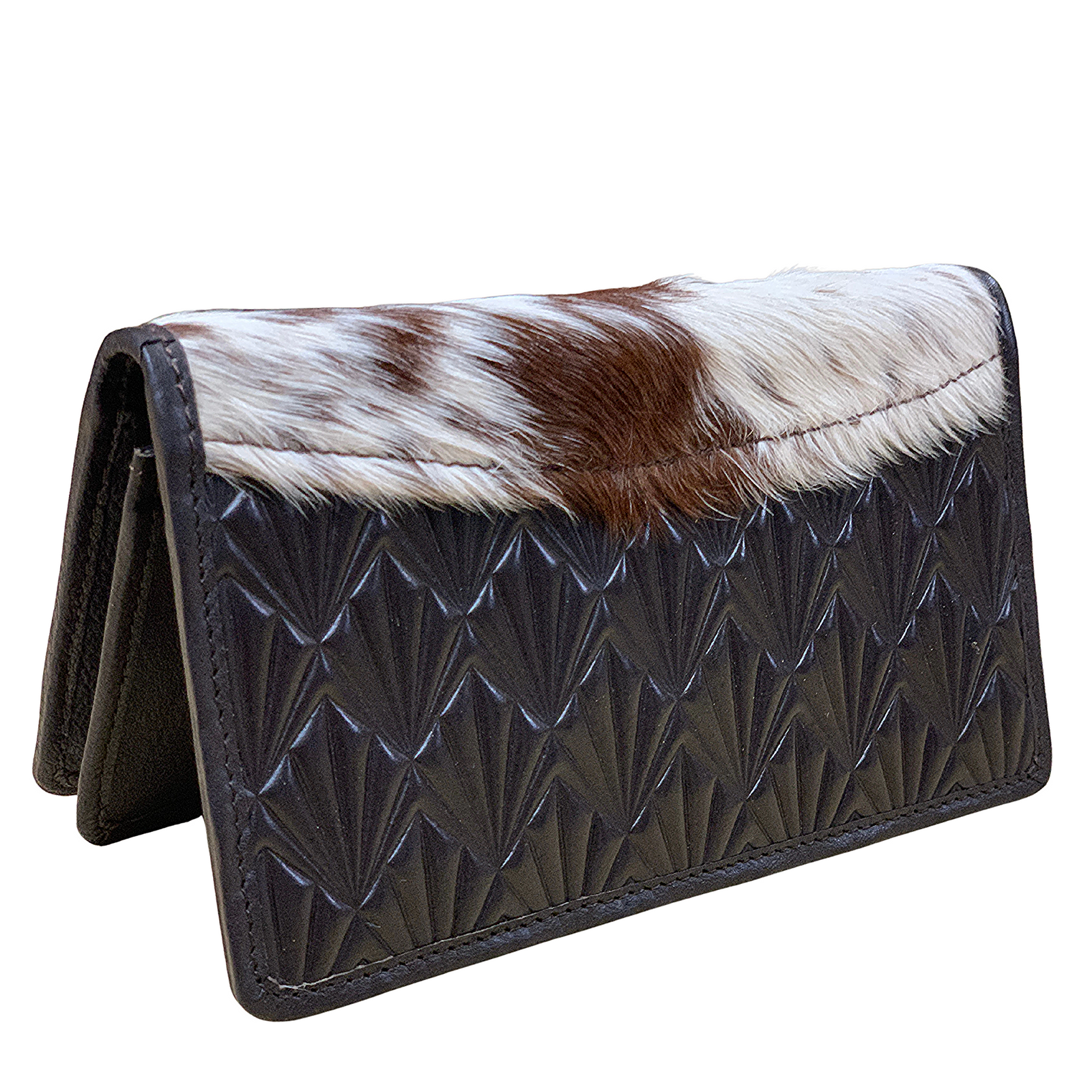 The Design Edge Women's Buffalo Slim Wallet. A women's slim wallet with embossed leather and cowhide design, featuring a snap button closure and embossed details.