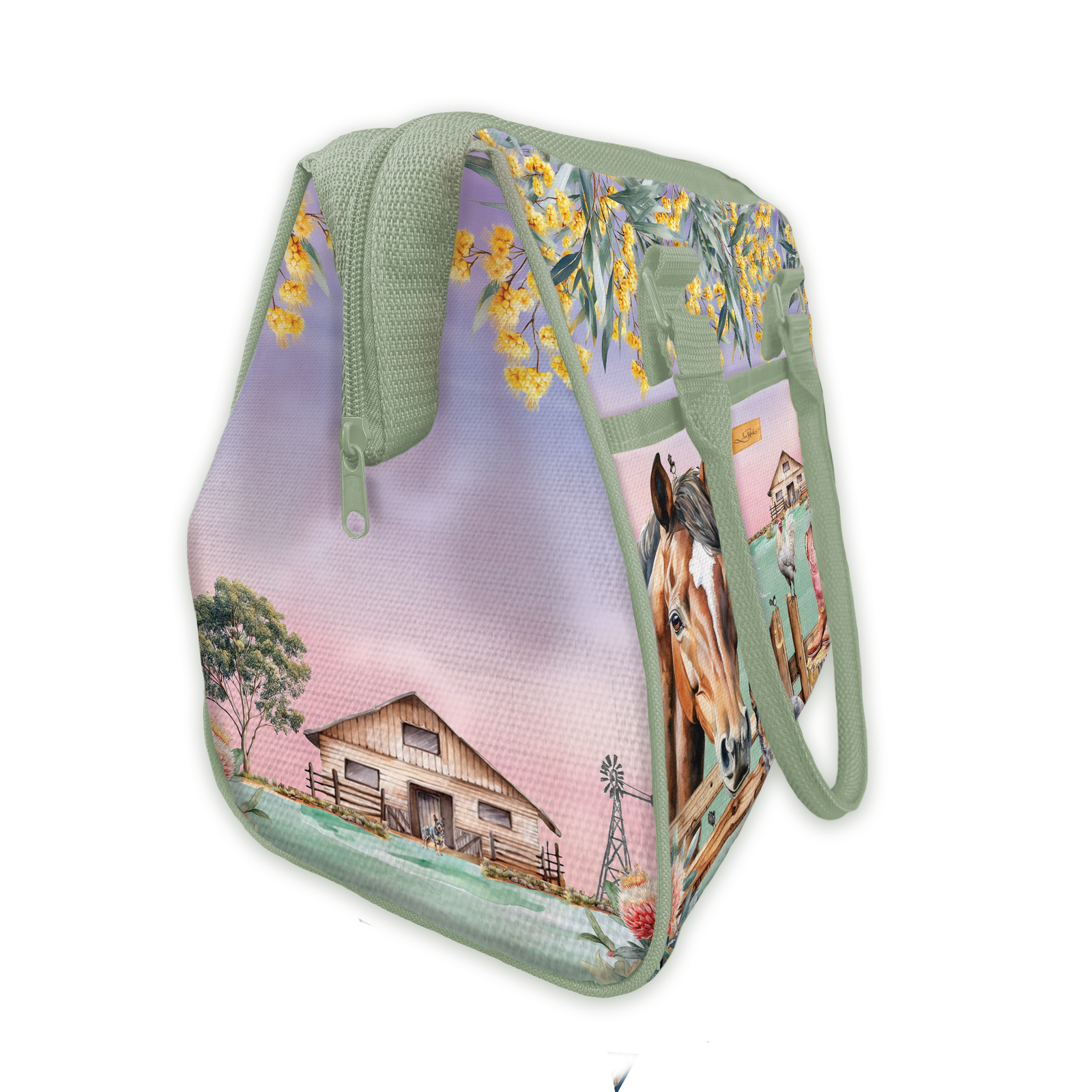Lisa Pollock Country Dusk Lunch Cooler.Zippered bag with farm scene design on a white background