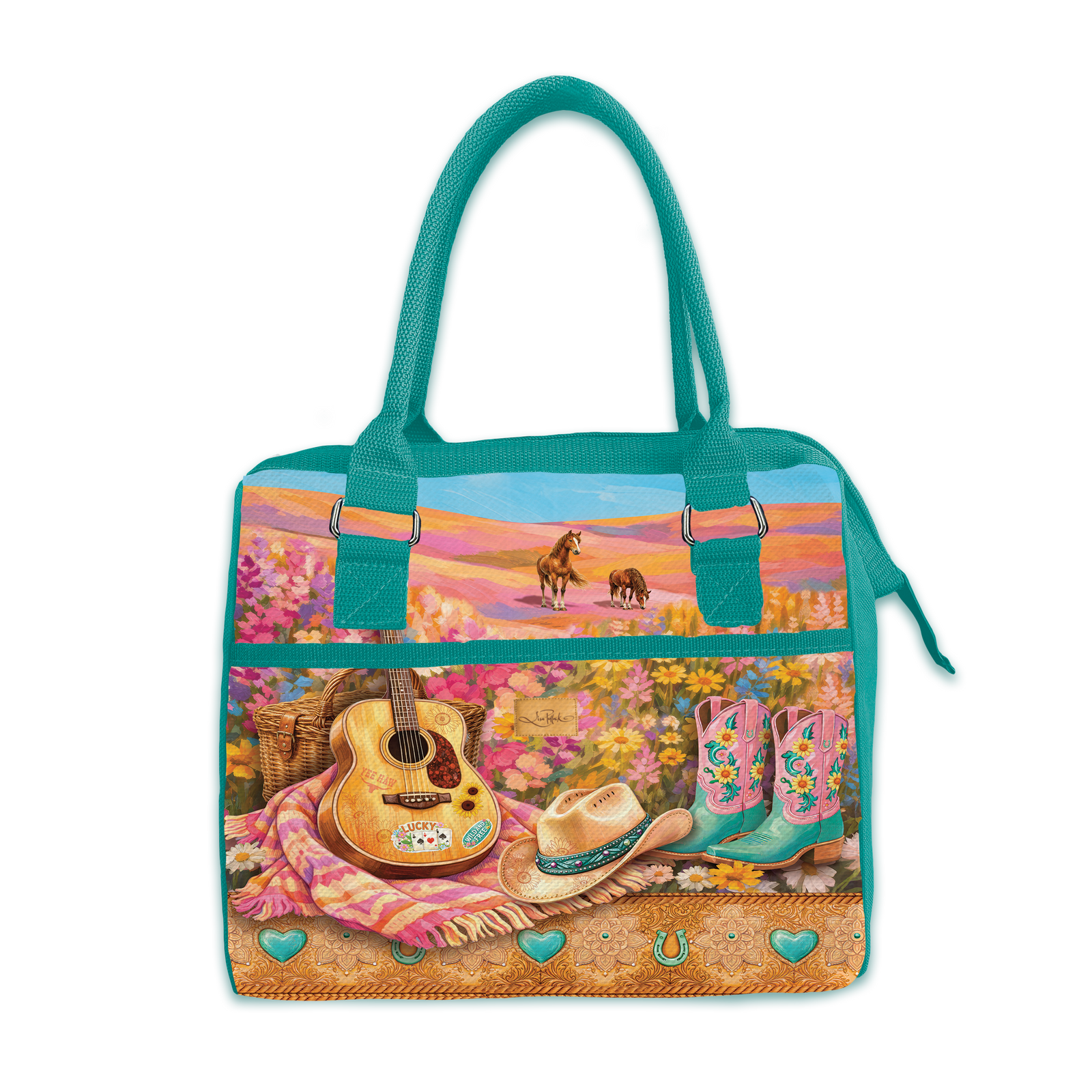 A turquoise tote bag featuring a colorful western-themed printed design with a guitar, cowboy boots, a hat, flowers, and a horse landscape on the front panel.