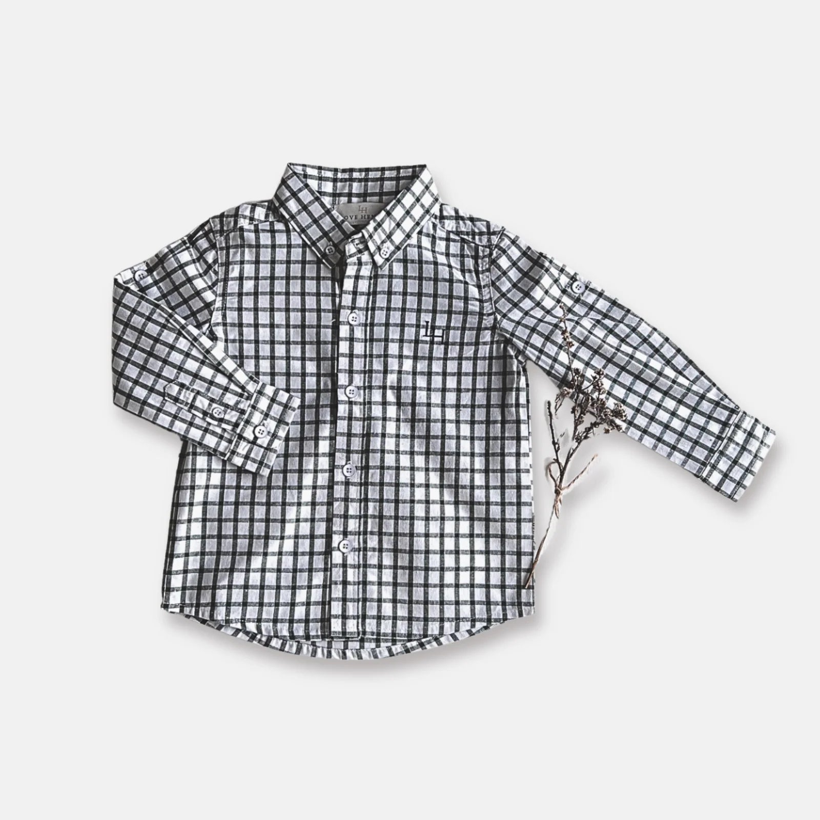 Love Henry Boys Oxford Shirt - Green Check. Green and white checkered shirt on a light gray background