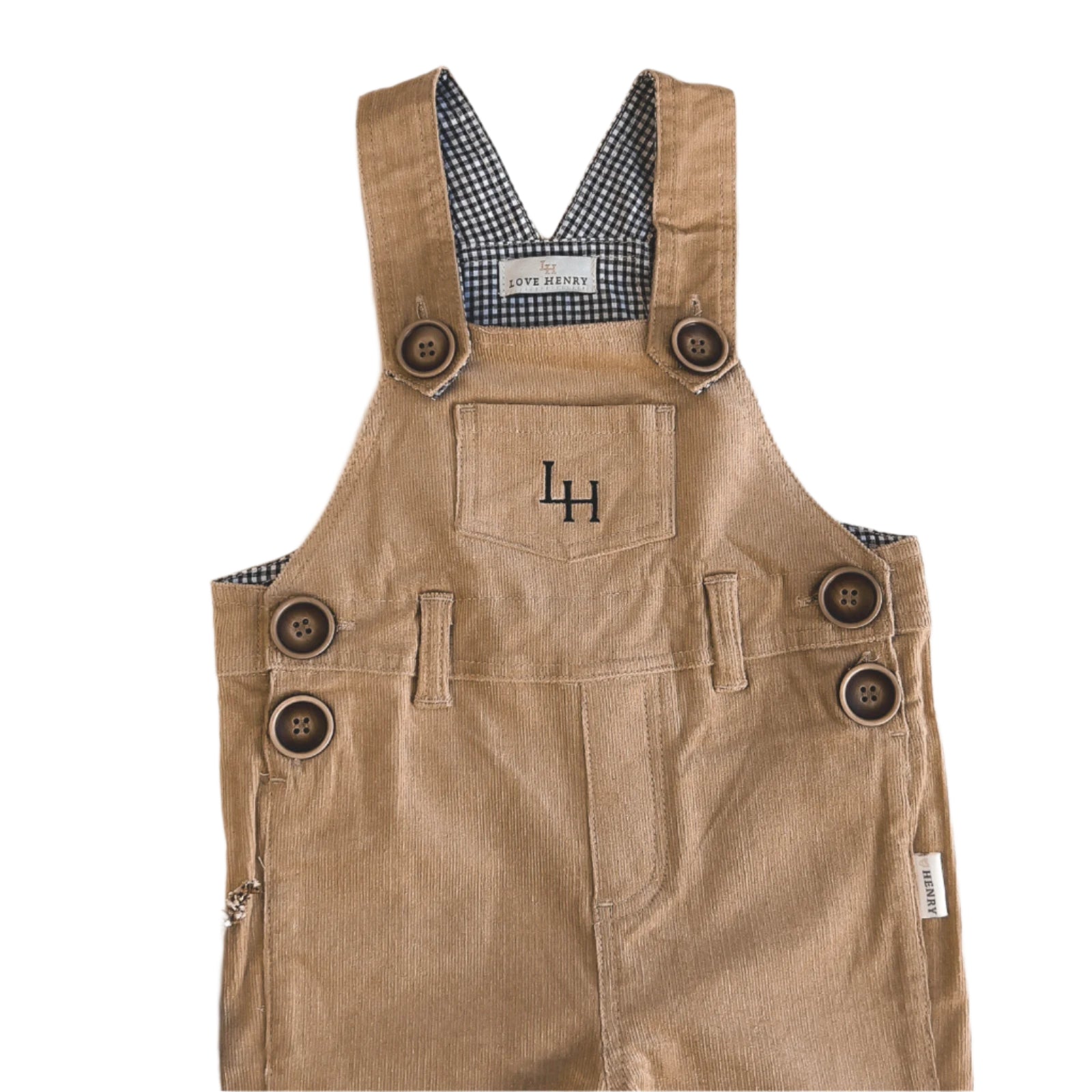 Love Henry Baby Boy's Roy Dungaree. . Brown corduroy overalls with plaid shirt underneath on a white background