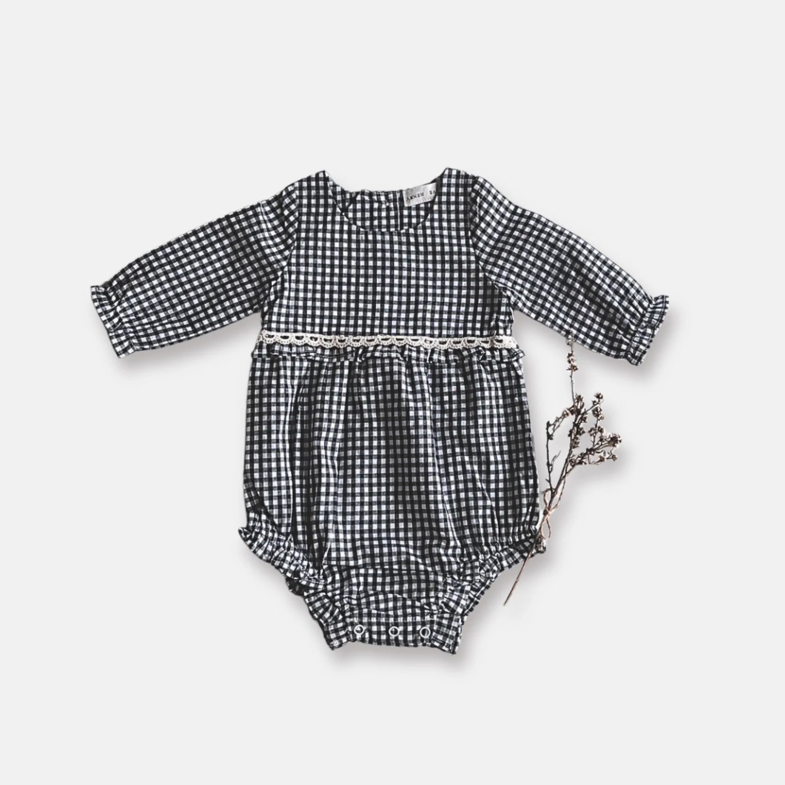 Love Henry Baby Girls L/S Nora Playsuit - Navy Check. Navy and white checkered baby romper on a light gray background