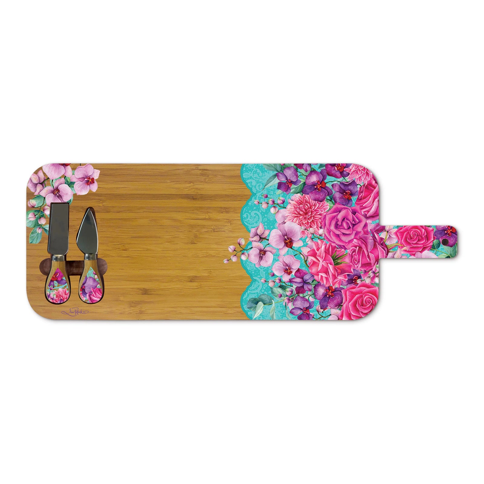 Lisa Pollock Rose Bouquet Large Platter. Floral-themed cutting board with knives on a white background