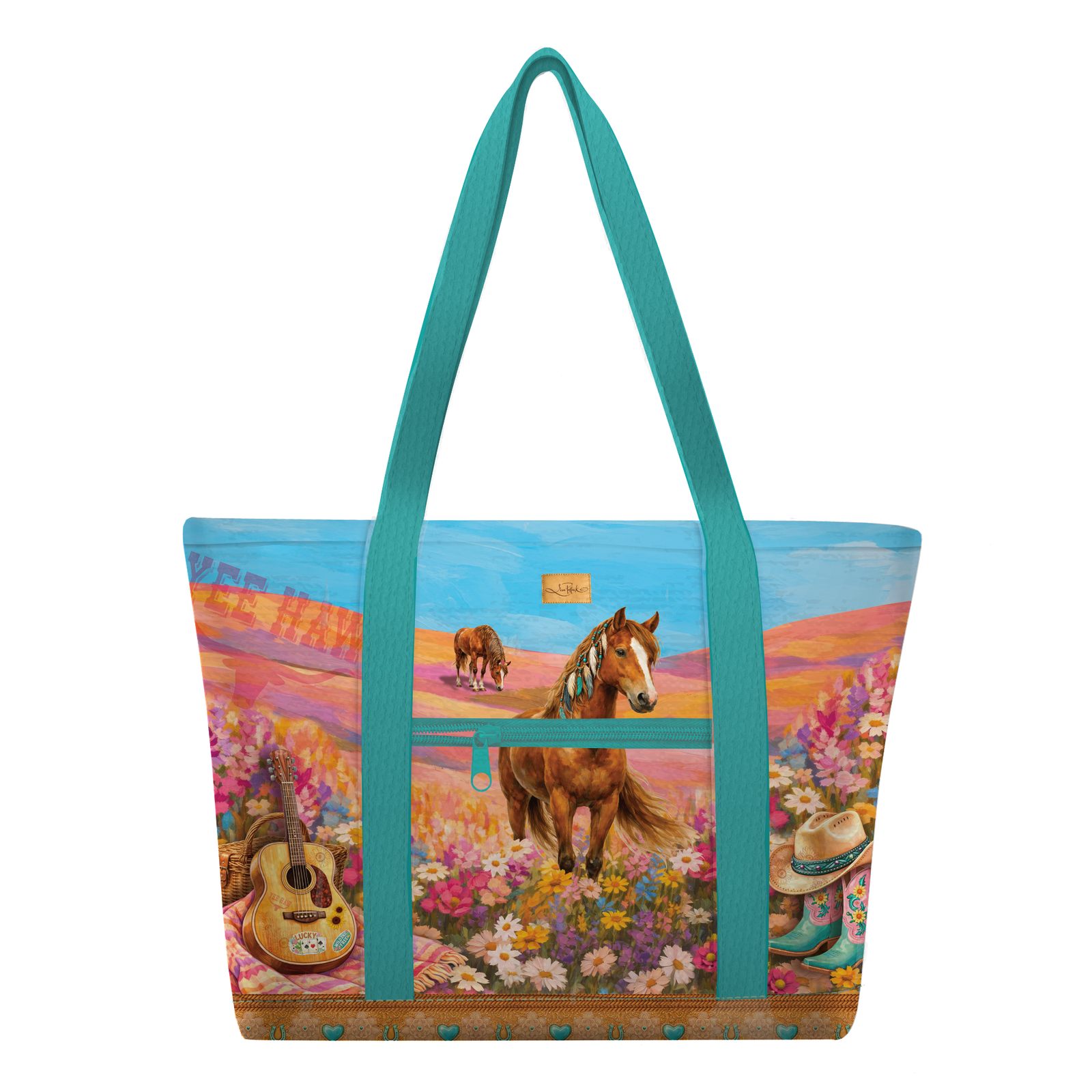 A tote bag featuring a colorful western-themed print with a brown horse, guitar, flowers, and a cowboy hat, accented by teal blue handles and trim, shown against a plain white background.