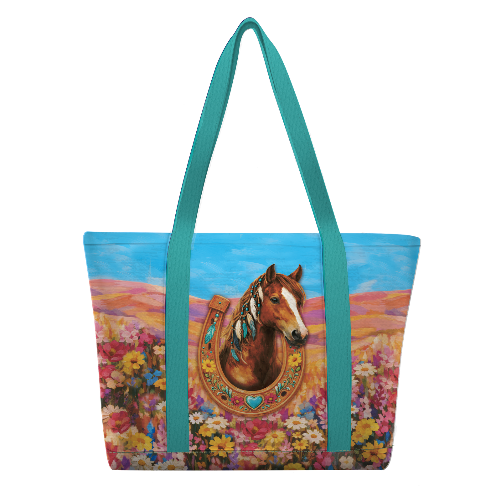 A tote bag featuring a colorful western-style illustration of a brown horse head inside a horseshoe, set against a field of flowers under a blue sky. The bag has teal webbed shoulder straps and is shown on a plain white background.