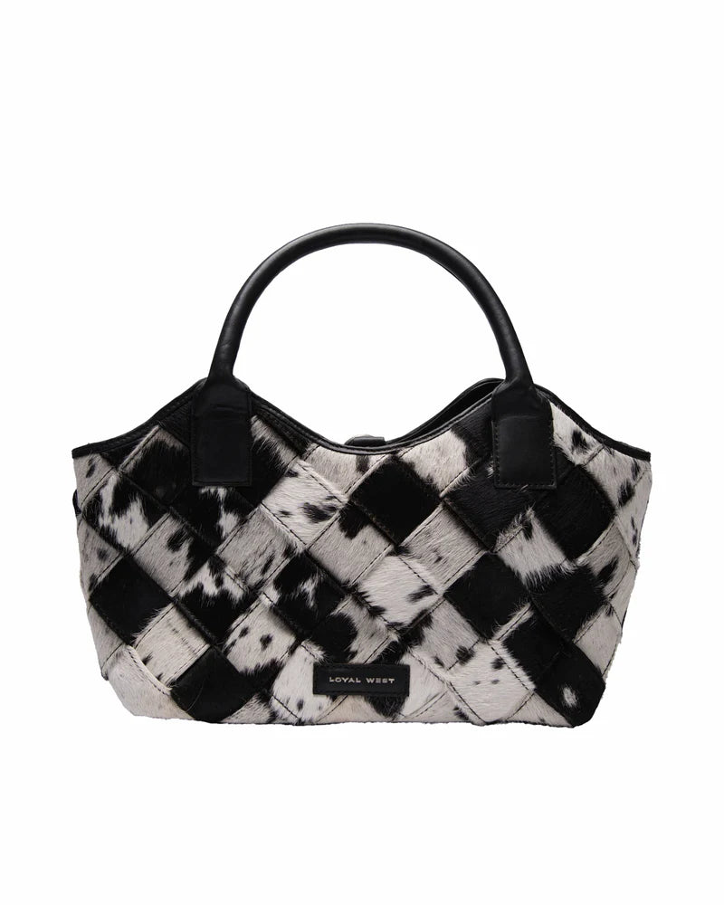 Black and white checkered handbag with a brand logo on a white background