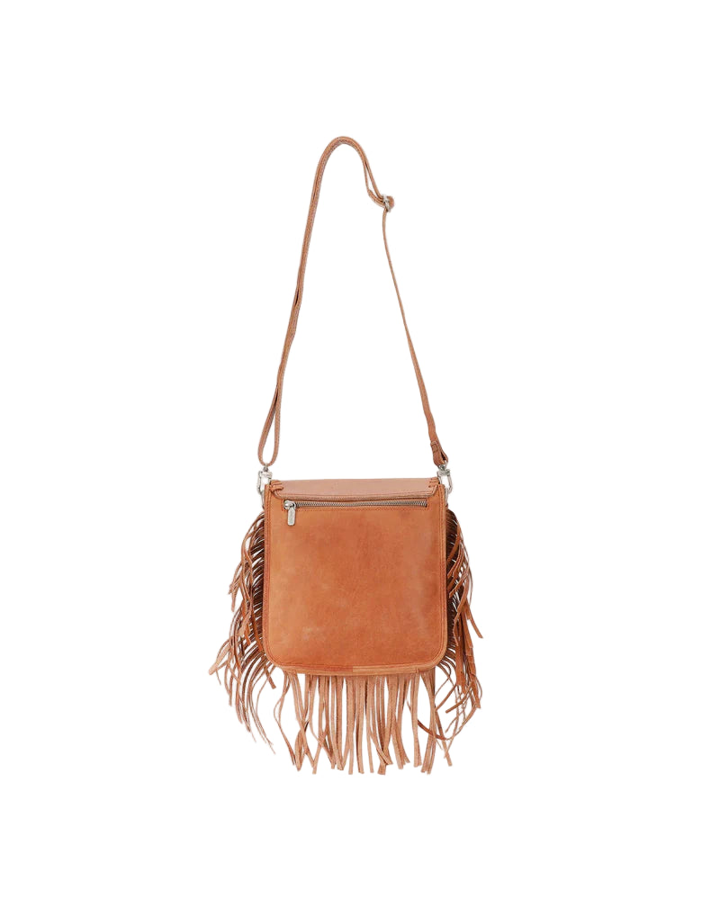 Loyal West Luciana Western Tassle Bag. Brown leather crossbody bag with fringe details on a light beige background