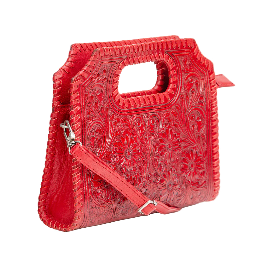 Loyal West Alma Medium Red Western Handbag. Red handbag with intricate patterns on a light gray background