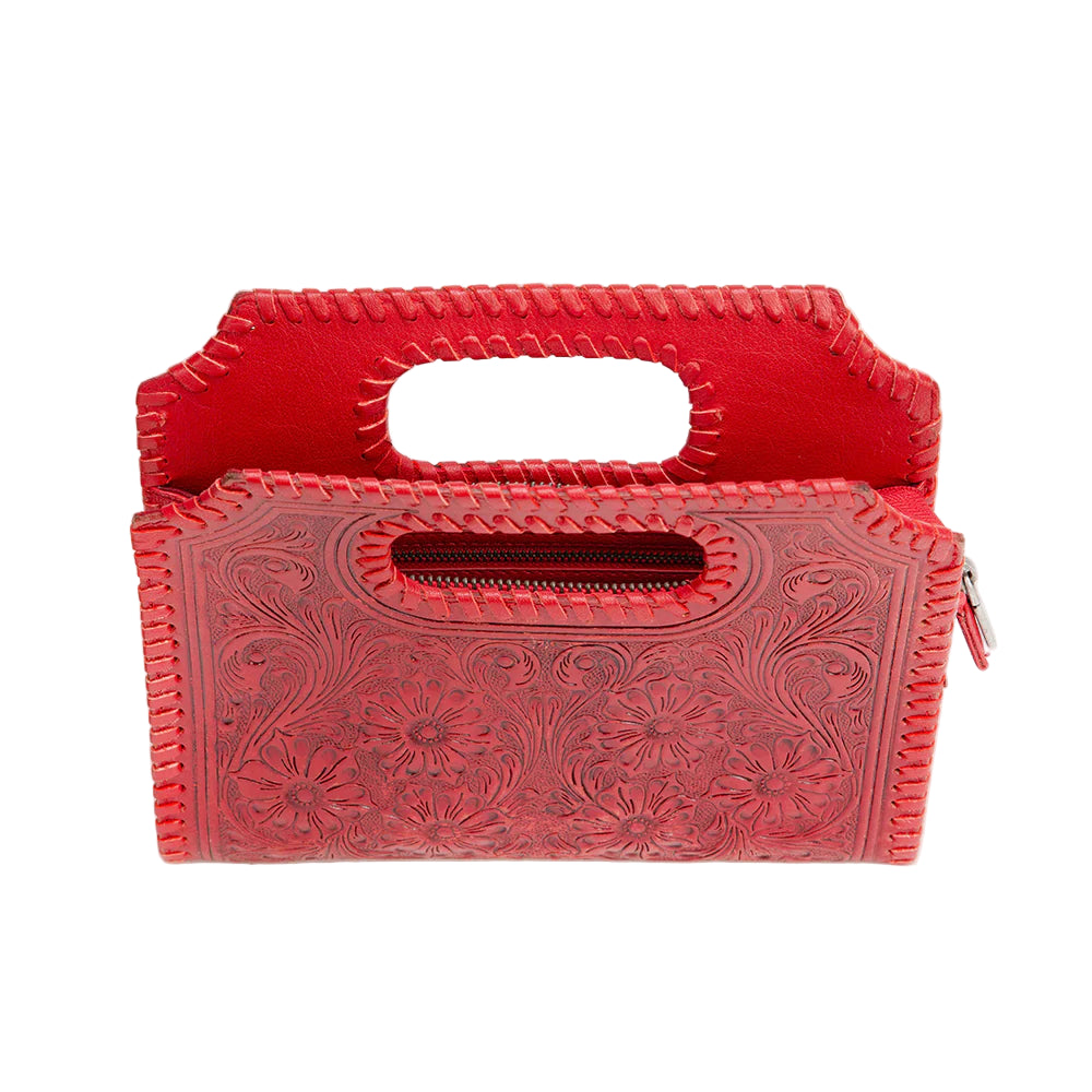 Loyal West Alma Medium Red Western Handbag. Red handbag with intricate patterns on a white background
