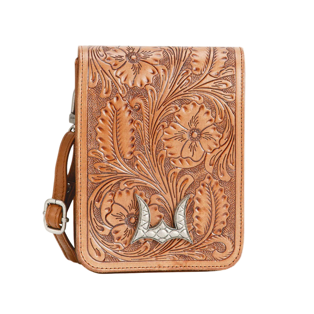Loyal West Drover Mini Brown Western Bag. Brown leather crossbody bag with intricate floral tooling on a light gray background