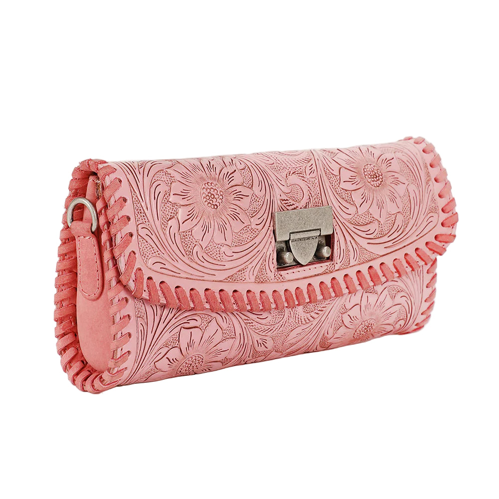 Loyal West Elena Mini Western Bag. Pink leather wallet with floral patterns on a white background