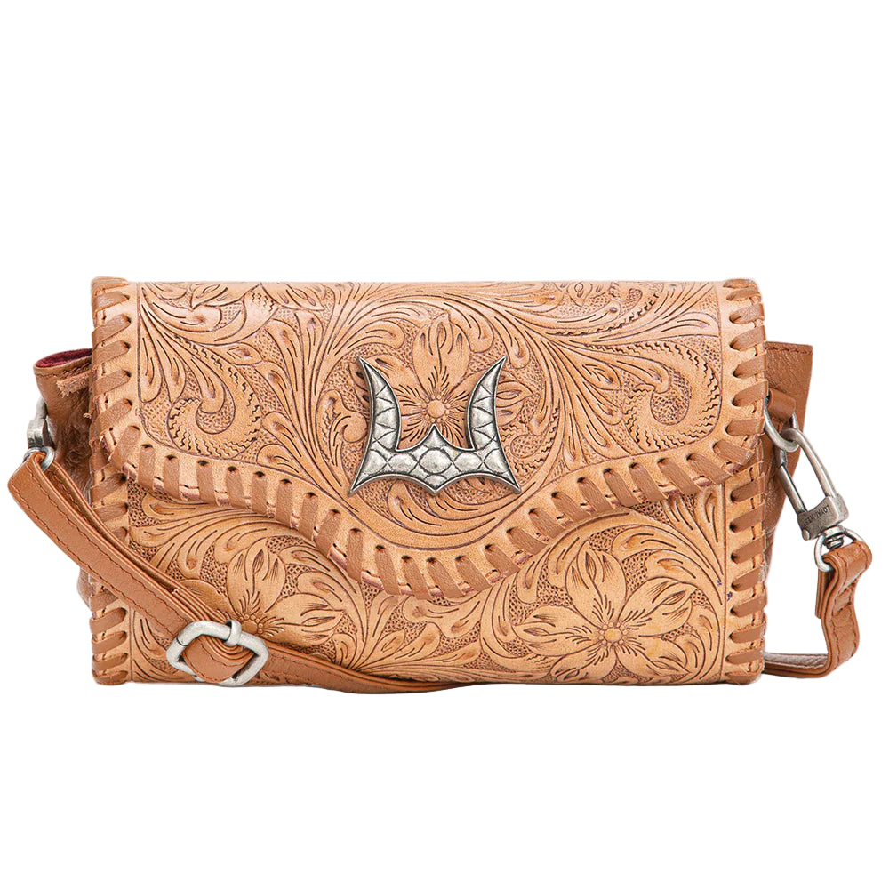 Loyal West Palomino Mini Western Purse. Brown leather handbag with intricate patterns and silver concho on a white background