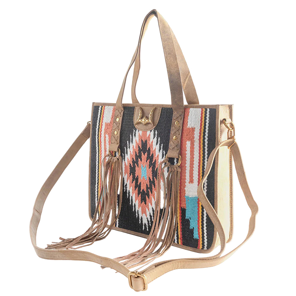 Loyal West Country Medium Western Handbag Black. Handbag with tribal pattern and fringes on a white background