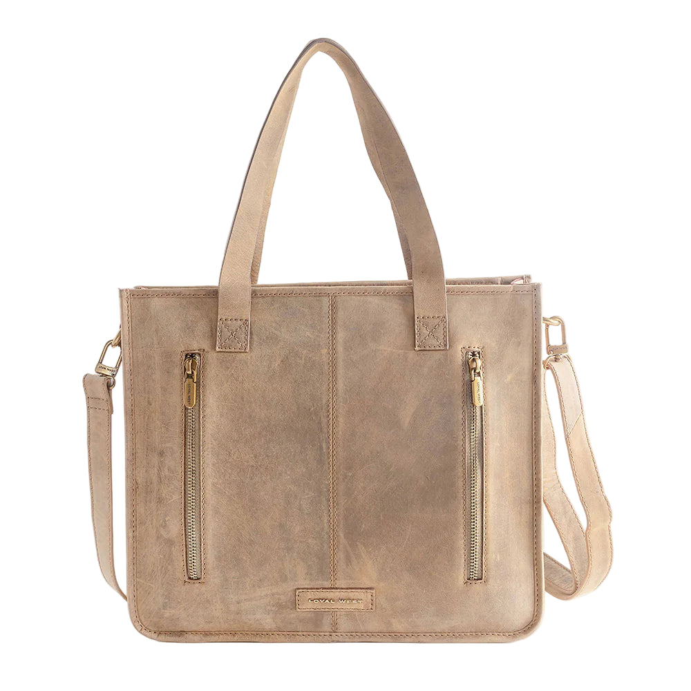Loyal West Country Medium Western Handbag Black. Beige handbag with zippers on a white background