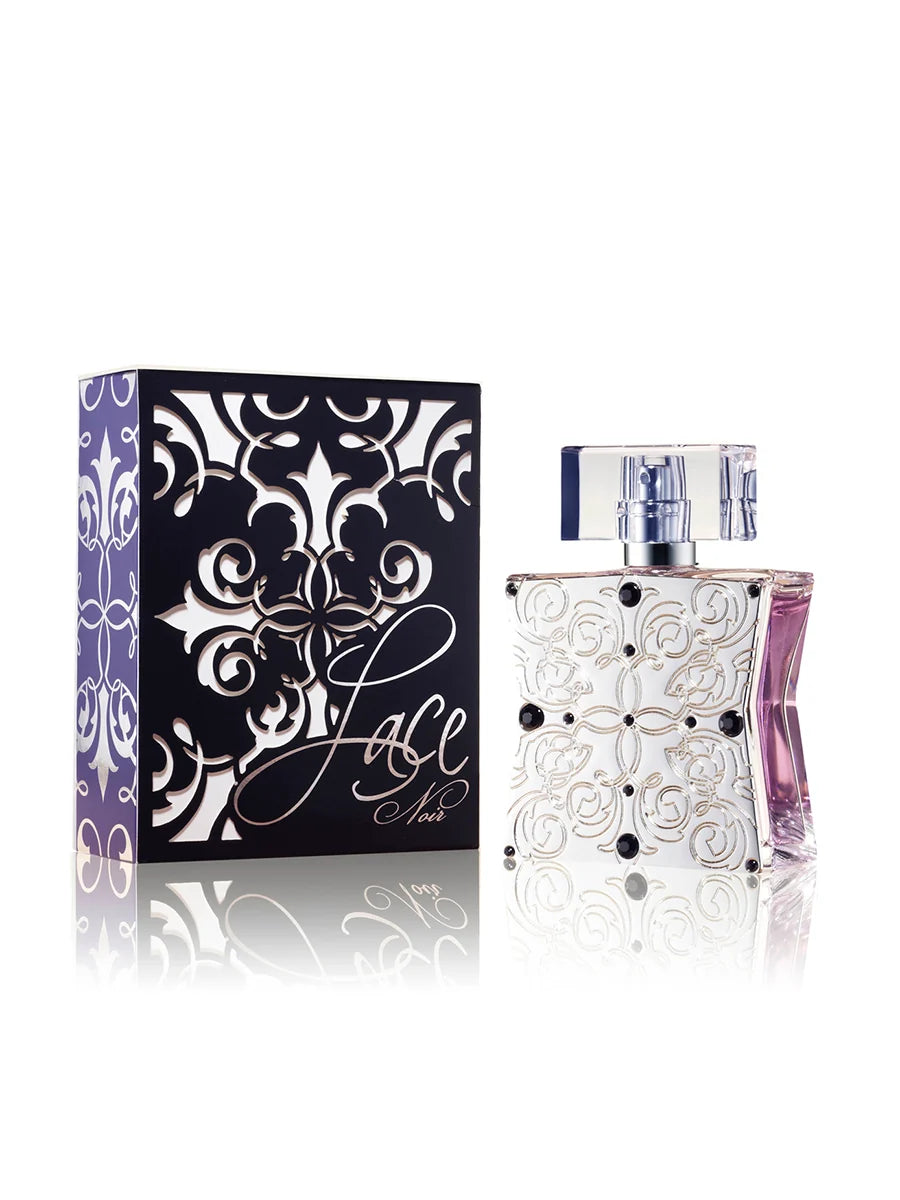 Perfume bottle with decorative packaging on a white background
