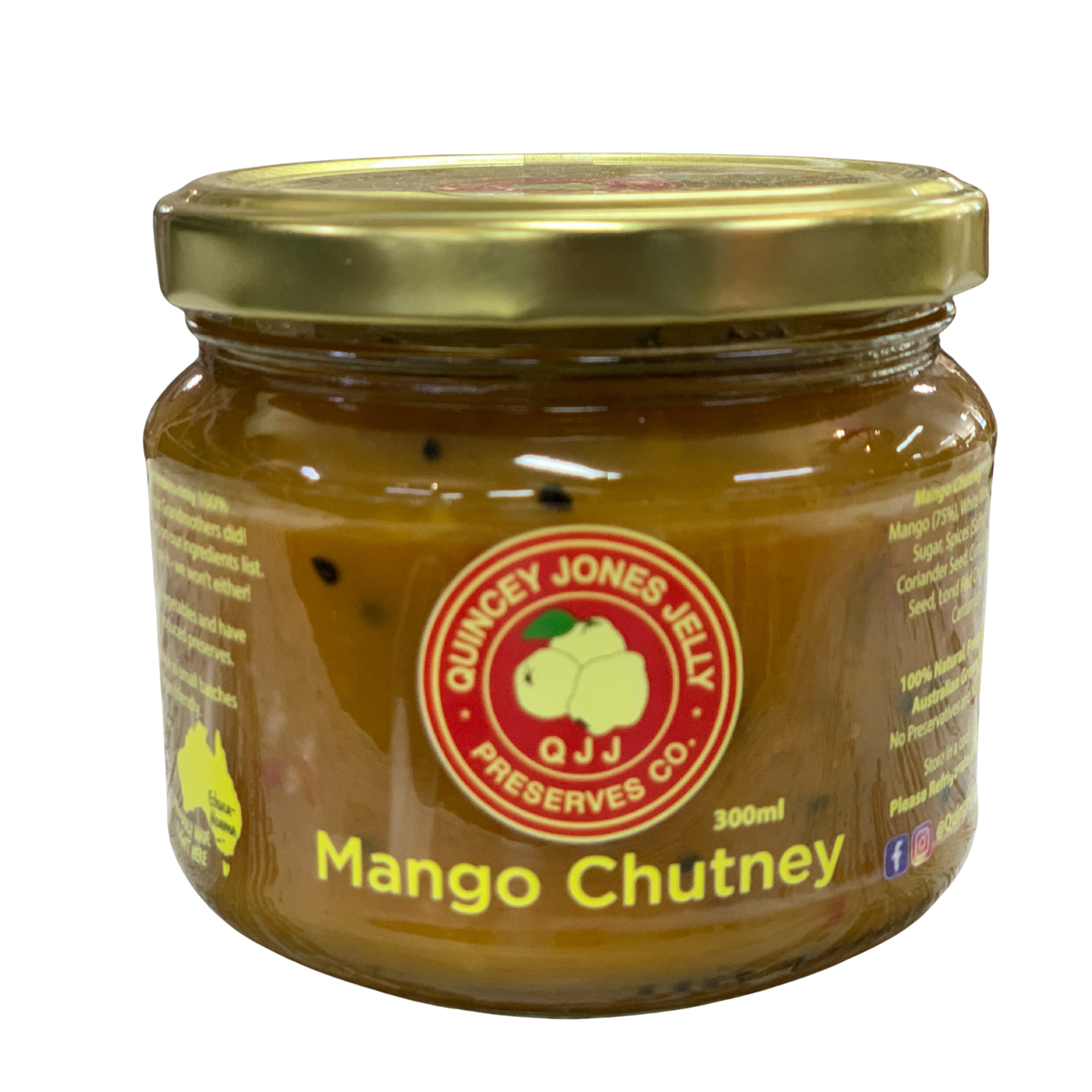 Quincey Jones 300ml Mango Chutney. Jar of Mango Chutney with Quincey Jones Jelly Preserves Co. label on a white background
