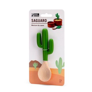 Monkey Business Saguaro Mexican Dip Spoon. Saguaro cactus-shaped wooden spoon in packaging on a white background