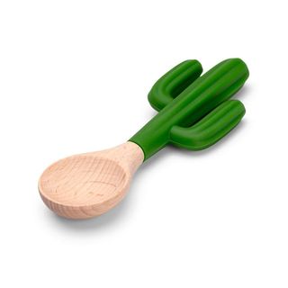 Monkey Business Saguaro Mexican Dip Spoon. Cactus-shaped spoon with wooden handle on a white background