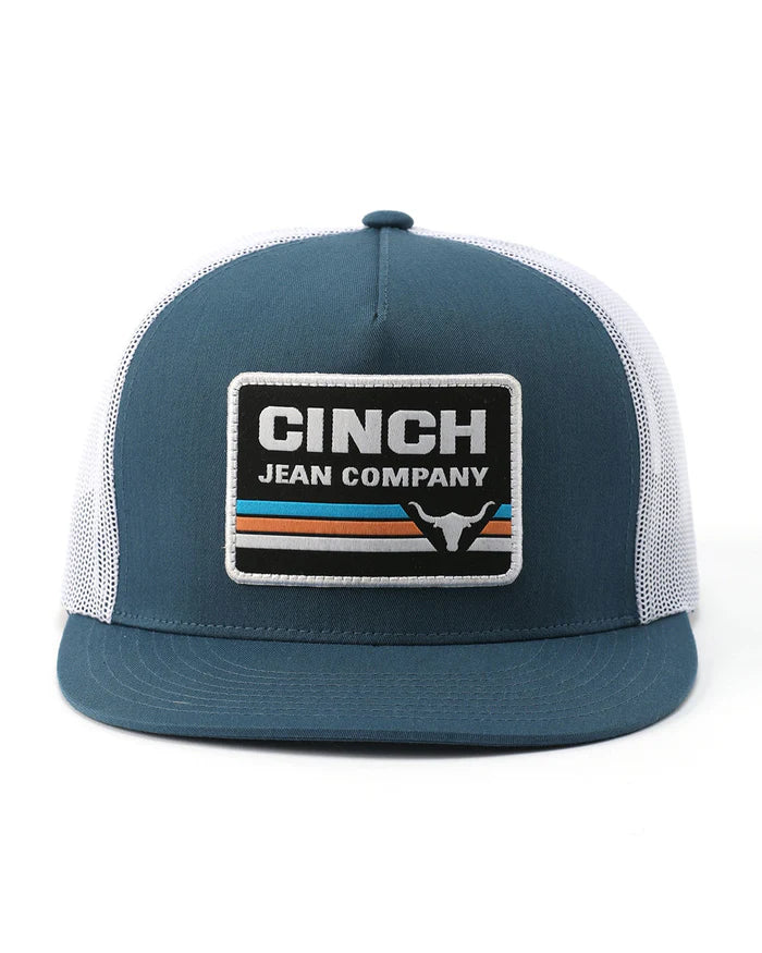 Cinch Men's High Profile Trucker Cap. Blue and white trucker hat with Cinch Jean Company logo on a white background