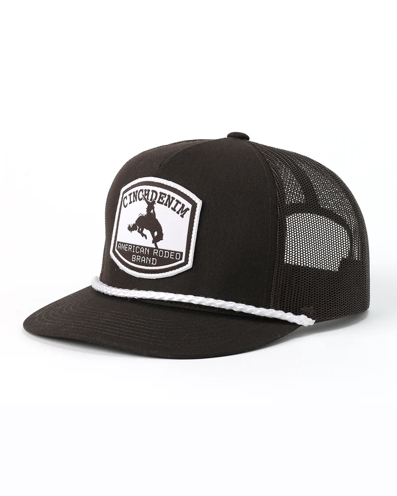Cinch Men's High Profile Trucker Cap. Black trucker cap with white mesh back and brand logo on a white background