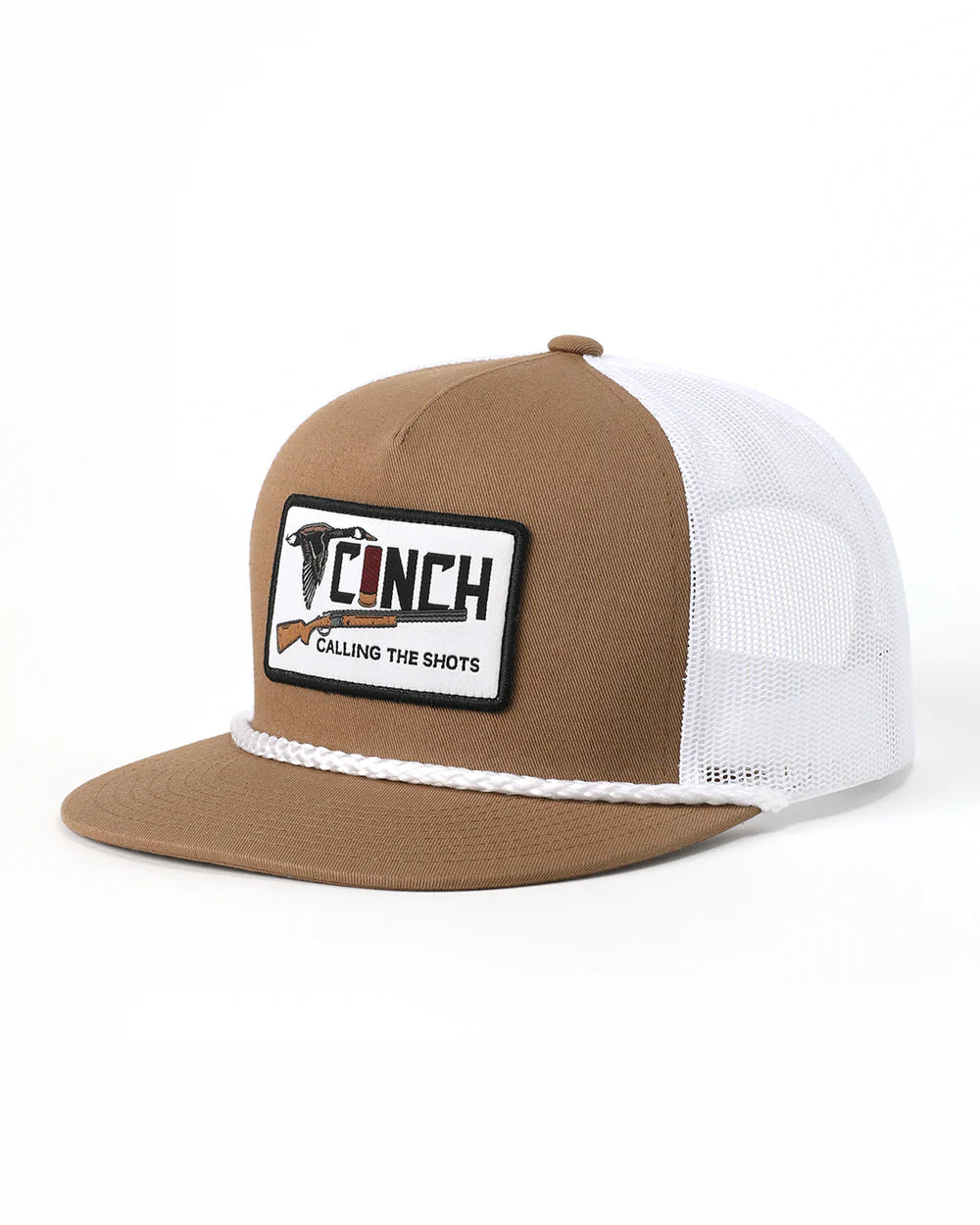 Brown and white cap with a logo on a white background