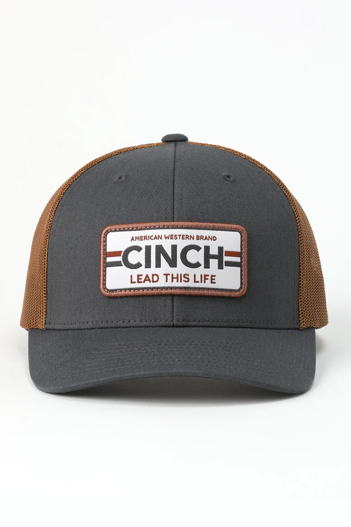 Gray and brown cap with Cinch logo on a white background