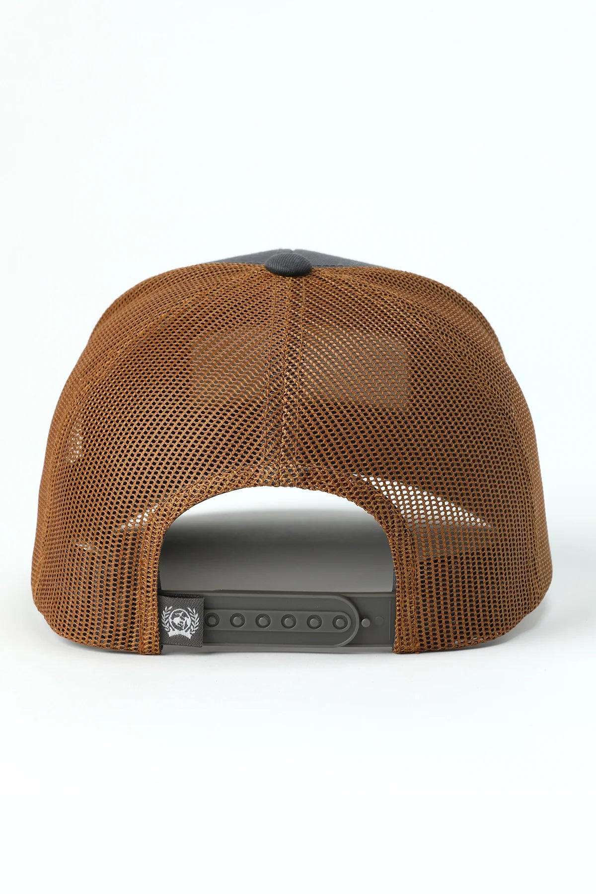 Brown mesh cap with a gray brim on a white background