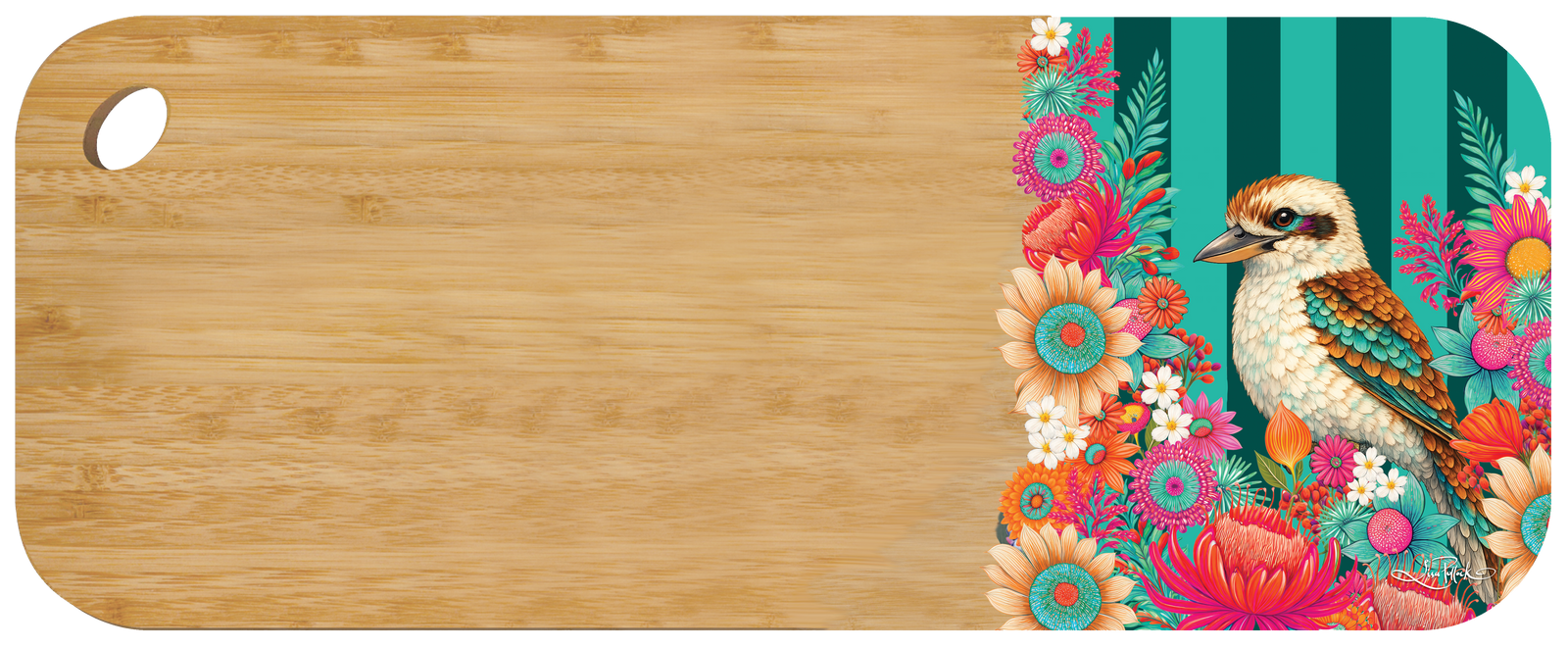 A rectangular cutting board with rounded corners, a natural light wood grain finish on most of the surface, and a decorative floral-and-bird print along the right edge. The print features a kookaburra bird surrounded by bright pink, orange, teal, and white flowers on a striped teal background.