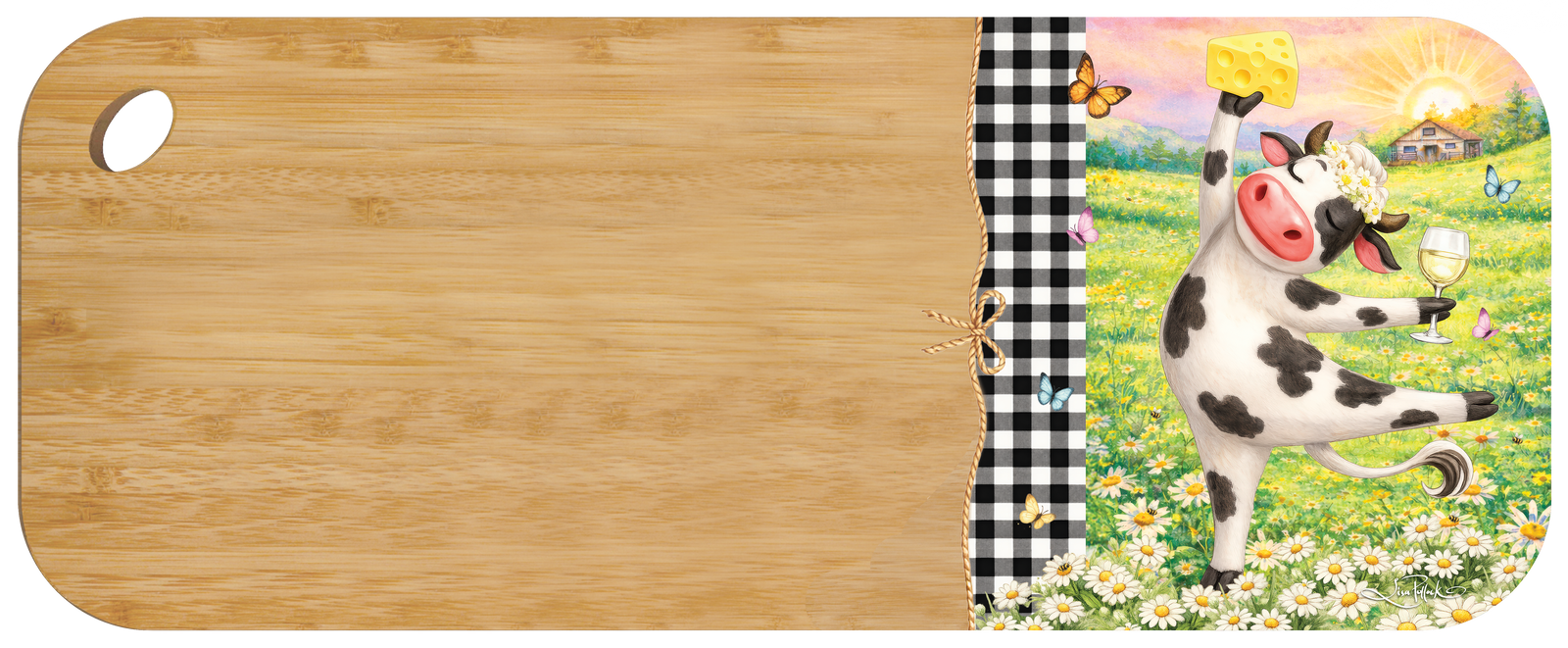 A rectangular wooden cutting board with rounded corners and a hole in the upper left, featuring a decorative printed border on the right side. The border shows a black-and-white cow holding a glass of wine in a flower field, with a gingham strip above it and a colorful sunset sky.