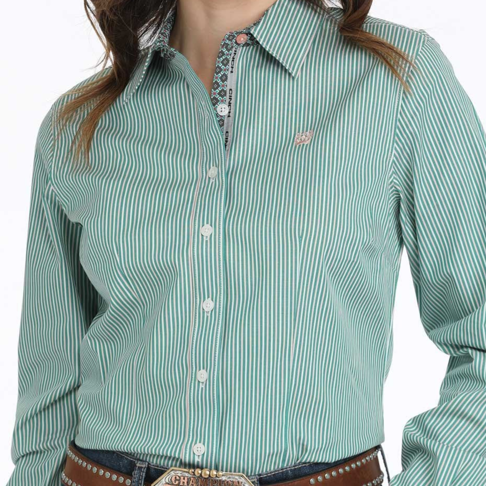 Green striped shirt worn by a person on a white background