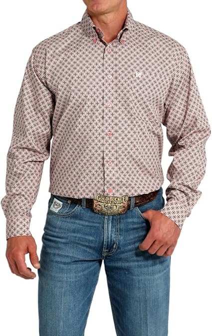 Cinch Men's Floral Print L/S Western Shirt. Man wearing a patterned long-sleeve shirt and jeans with a belt buckle.