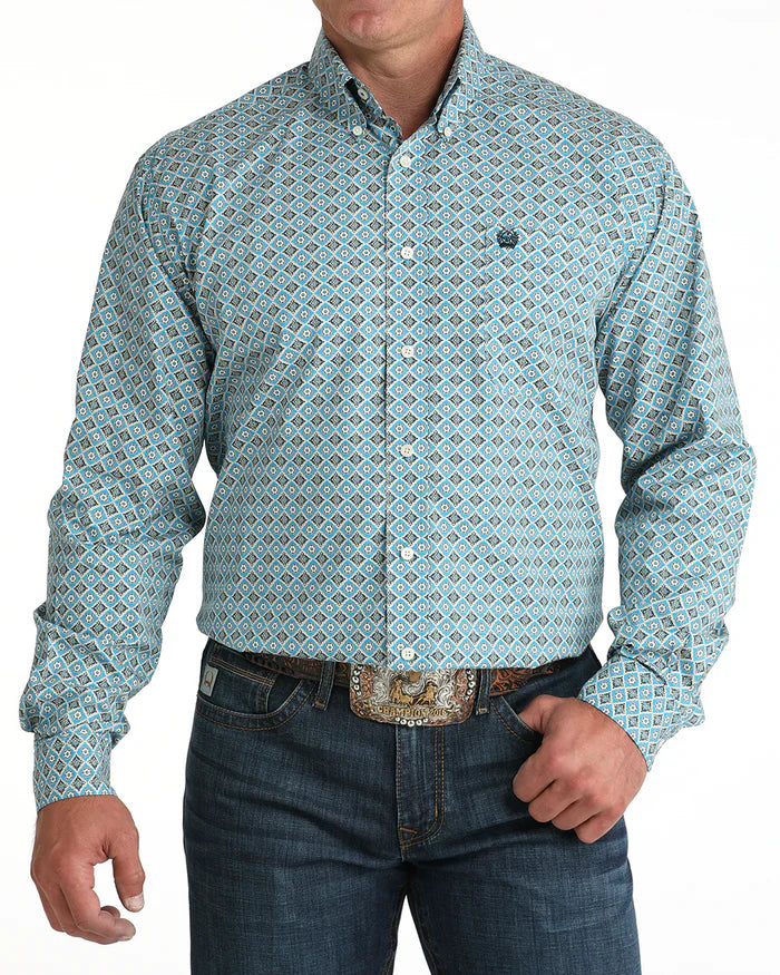 Cinch Men's Classic Fit Geometric Print L/S Western Shirt. with a collar on a white background
