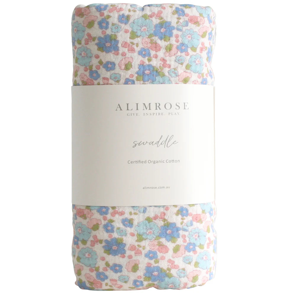 Alimrose Muslin Swaddle Liberty Blue. Floral swaddle blanket with 'Alimrose' branding on a white background