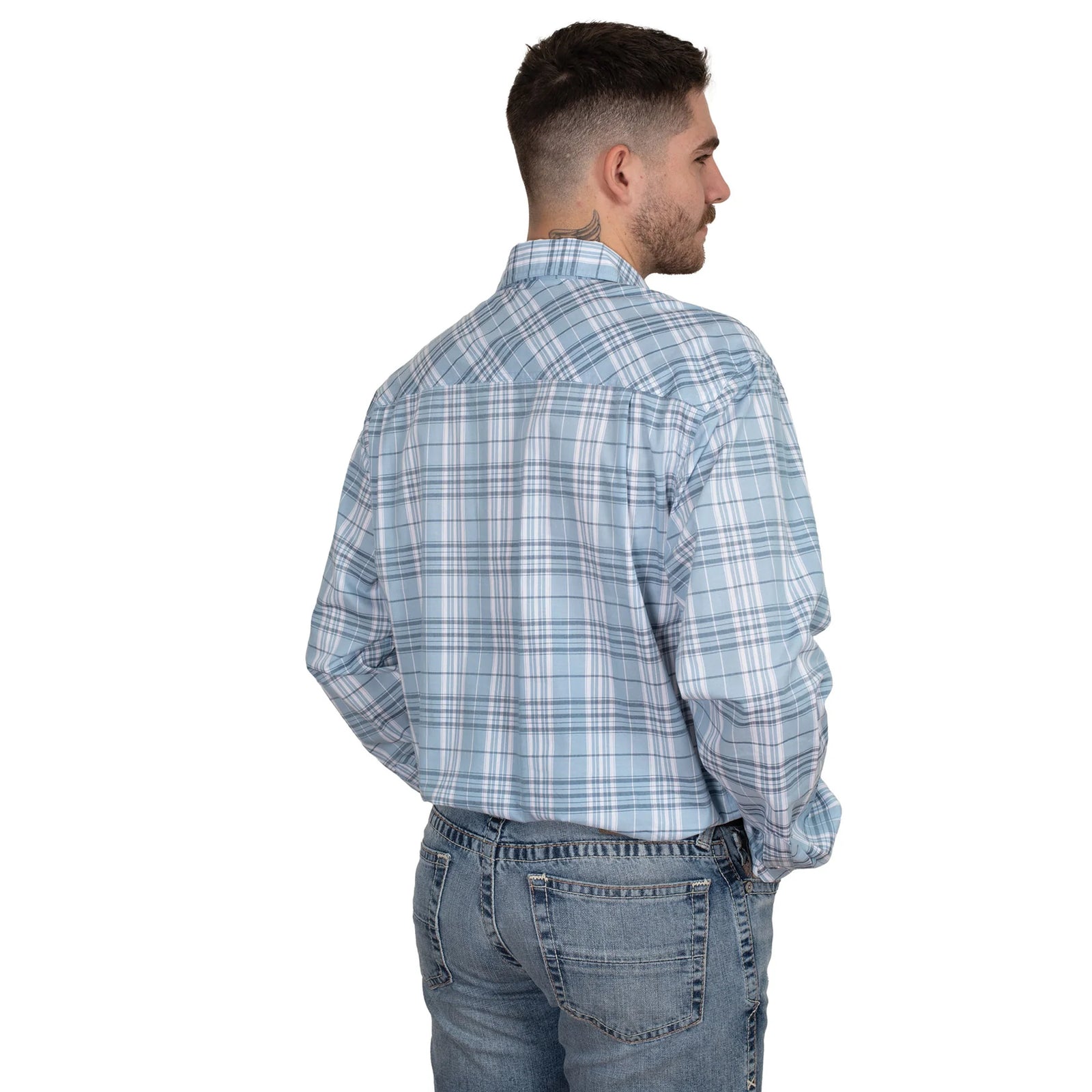 Just Country Men's Austin Printed L/S Workshirt. Man wearing a blue plaid shirt and jeans on a white background