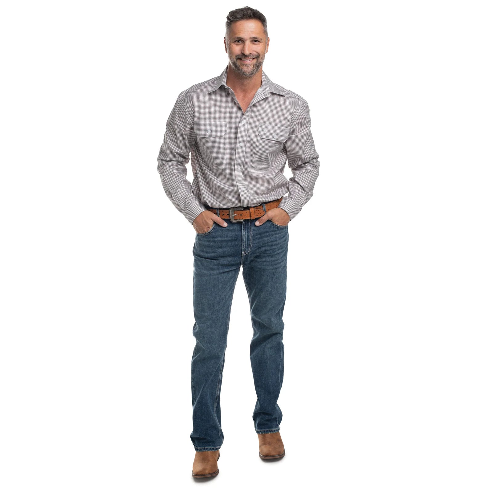 Man wearing a gray shirt and blue jeans on a white background
