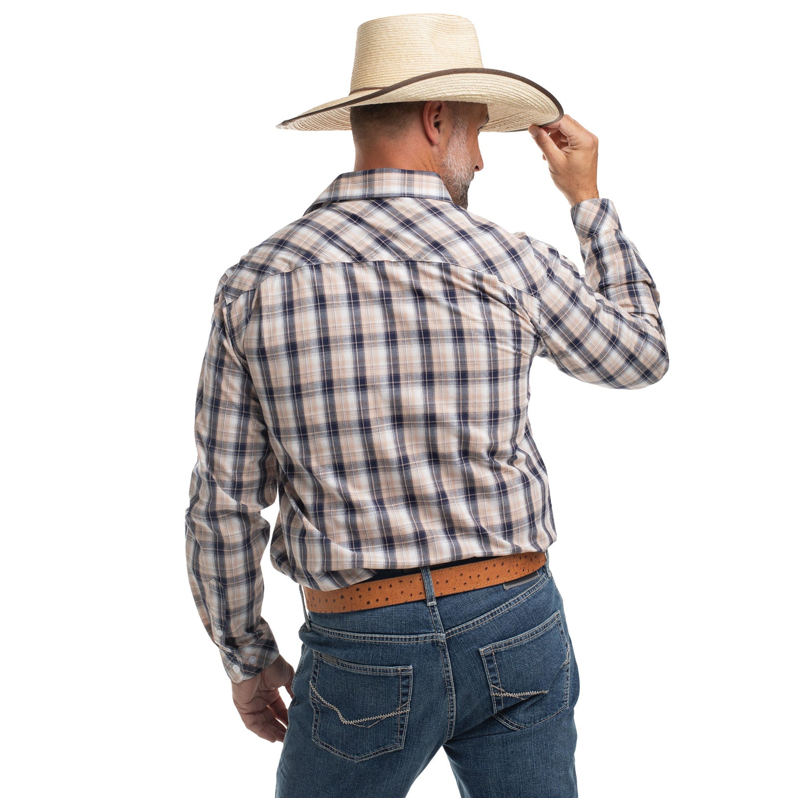 Man wearing a plaid shirt, jeans, and a cowboy hat on a white background