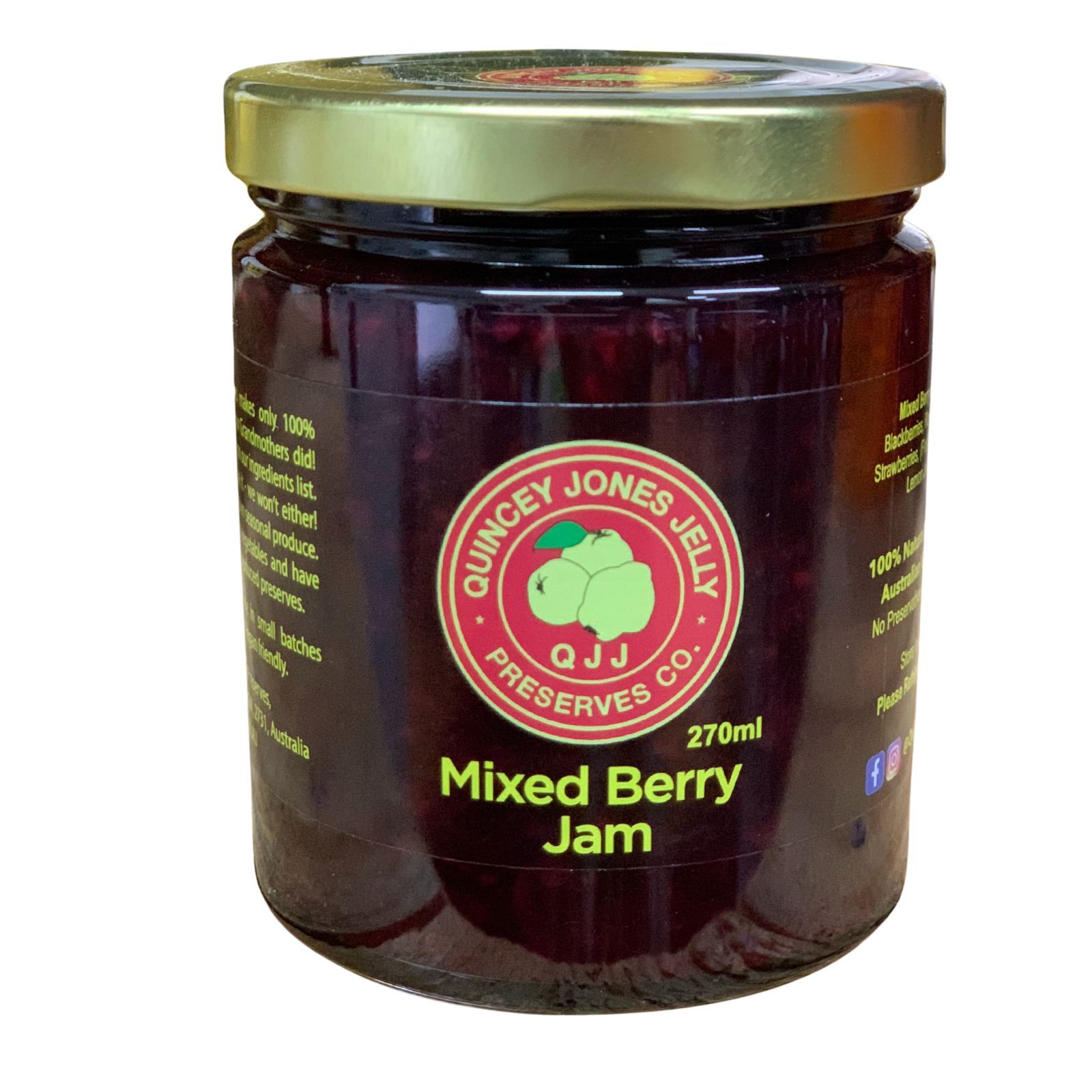 Quincey Jones 270ml Mixed Berry Jam. Jar of Mixed Berry Jam from Quincy Jones Jelly Preserves Co on a white background