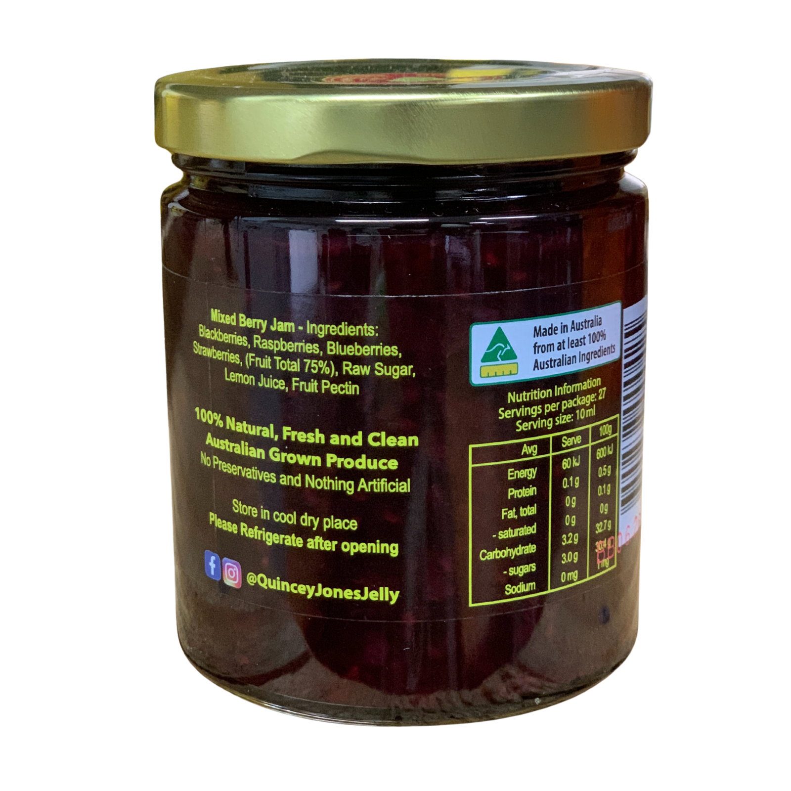 Quincey Jones 270ml Mixed Berry Jam. Jar of jam with a gold lid on a white background
