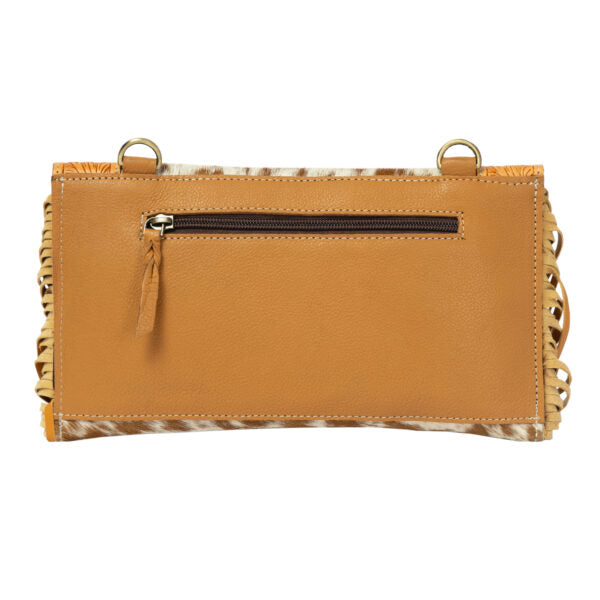 Brown leather clutch with fringe details on a white background