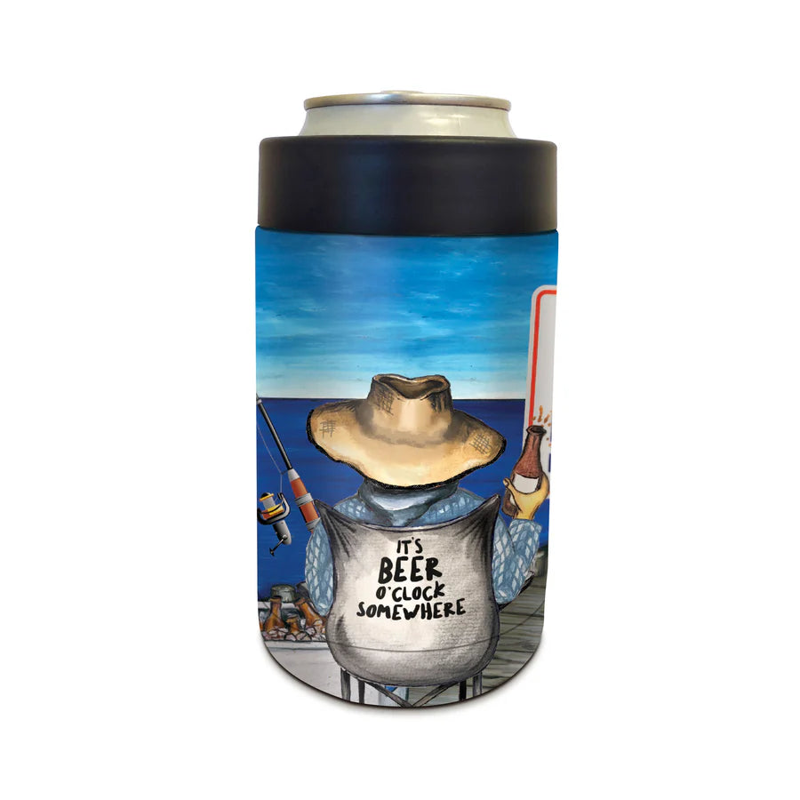 Lisa Pollock W'end Forecast Stainless Cooler. Can cooler with a design of a person in a hat and sunglasses, holding a beer, with text 'It's Beer O'clock Somewhere' on a white background.