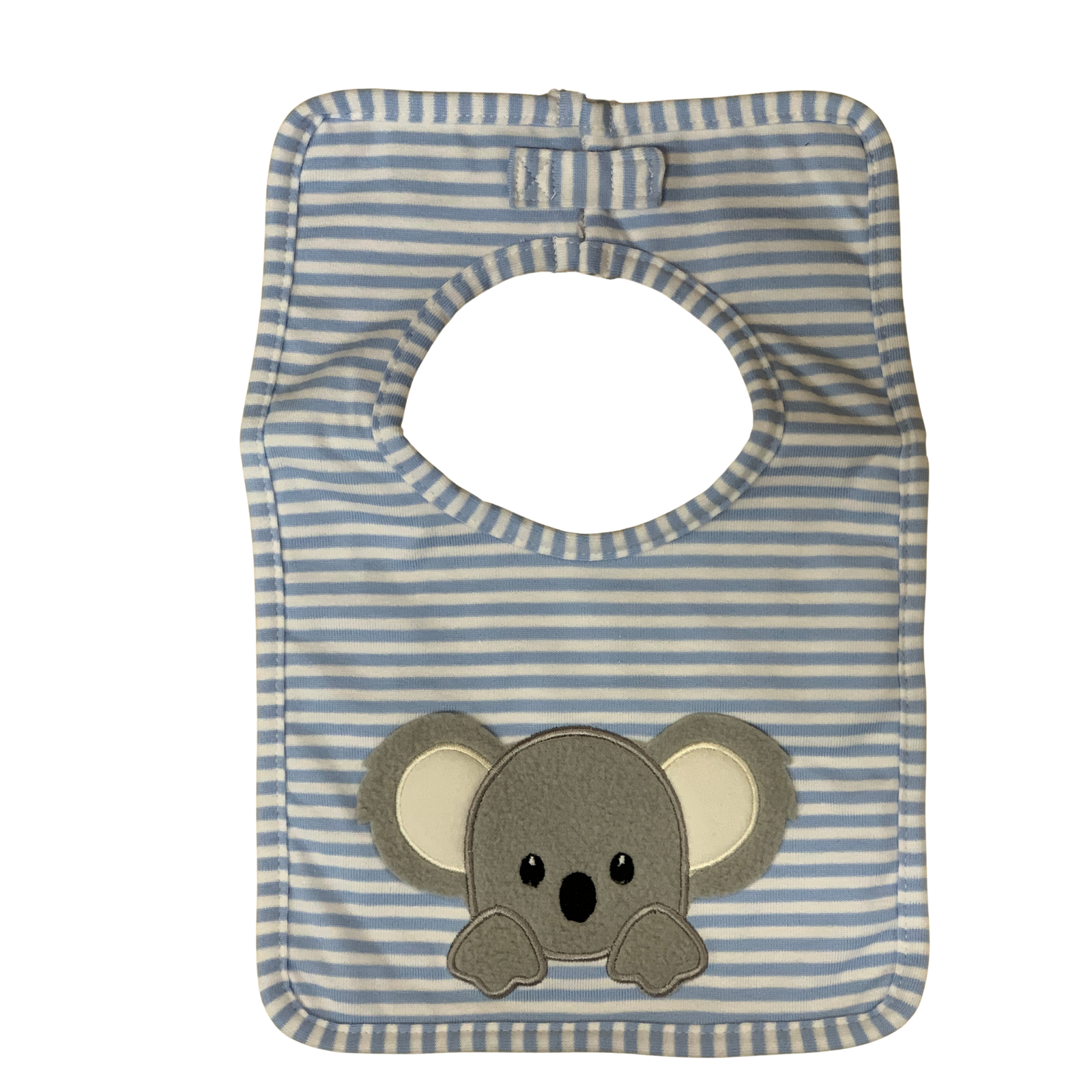 Striped baby bib with a koala design on a white background