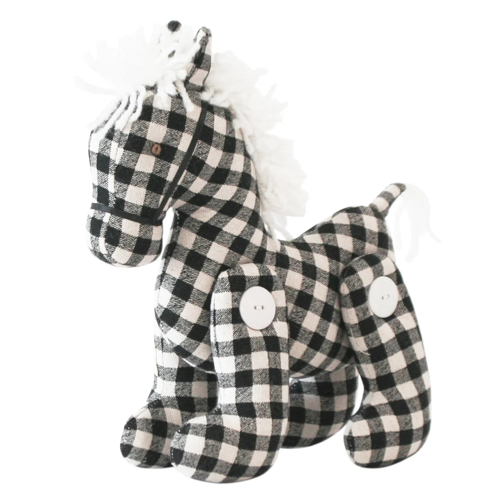 Alimrose Jointed Pony 22cm Black Check. Black and white checkered dog-shaped plush toy on a white background