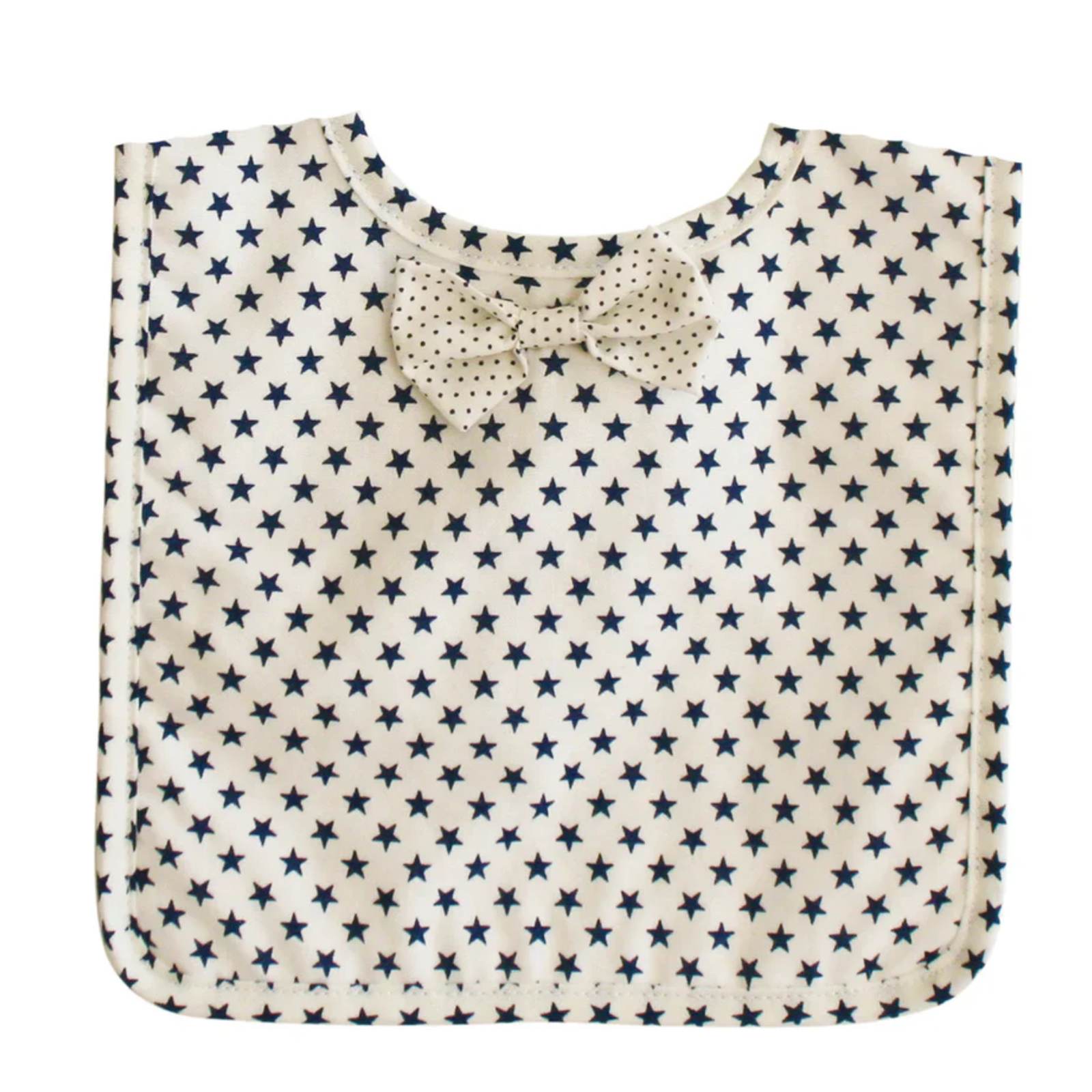 Alimrose Bow Tie Bib White Navy Star. Fabric with star pattern on a white background