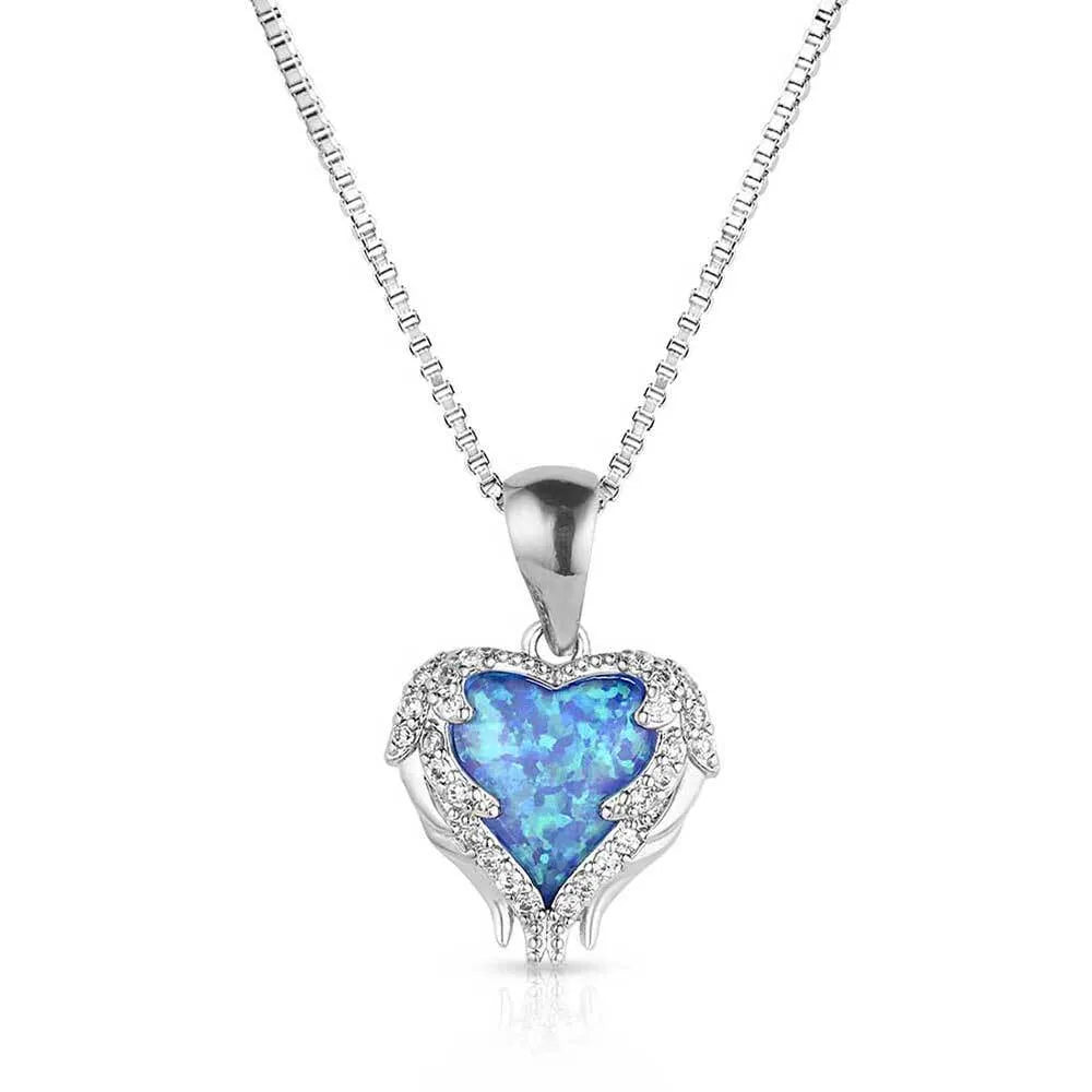Montana Silversmiths Heart's Flame Opal Necklace. A heart-shaped blue opal pendant necklace with a clear cubic zirconia crystal border, attached to a 20 inch box style chain.