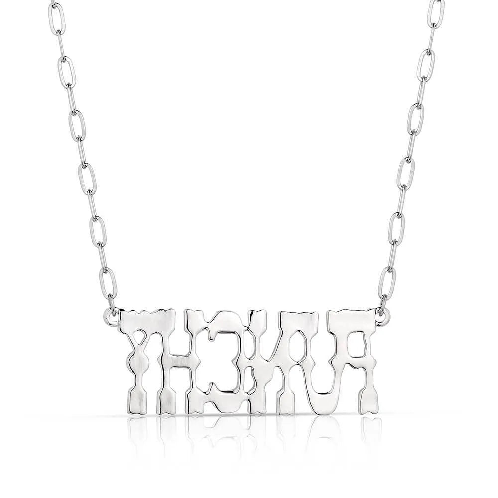 Montana Silversmiths Punchy Charm Turquoise Necklace. Silver necklace with 'THANK YOU' on a white background